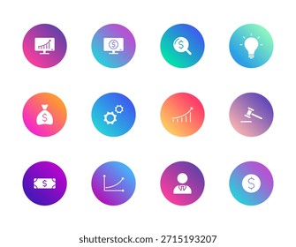 Negocios, finanzas, análisis. Conjunto de Vectores de 12 iconos de gradiente redondo con gráfico, monitor, lupa y bolsa de dinero para la interfaz de usuario corporativa, planificación y diseño de estrategia.