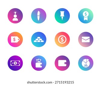 Negocios, finanzas, análisis. Conjunto de Vectores de 12 iconos de gradiente redondo con billetera, gráfico, dólar y sobre para interfaz de usuario financiera, planificación y diseño corporativo
