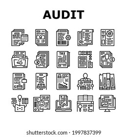 Business Finance Audit Collection Icons Set Vector. Comparative Analysis And Tax Accounting, Audit Of Annual And Consolidated Financial Statement Black Contour Illustrations