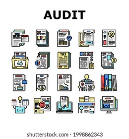 Business Finance Audit Collection Icons Set Vector. Comparative Analysis And Tax Accounting, Audit Of Annual And Consolidated Financial Statement Concept Linear Pictograms. Contour Color Illustrations