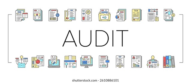Business Finance Audit Collection Icons Set Vector. Comparative Analysis And Tax Accounting, Audit Of Annual And Consolidated Financial Statement Concept Linear Pictograms. Contour Color Illustrations