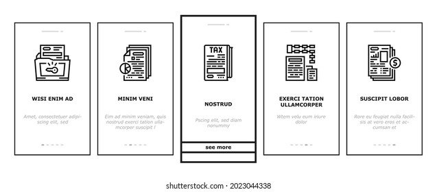 Business Finance Audit Onboarding Mobile App Page Screen Vector. Comparative Analysis And Tax Accounting, Audit Of Annual And Consolidated Financial Statement Illustrations