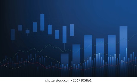 business finance background. bar graph and candlesticks chart with indicator lines on blue background