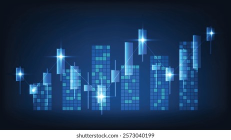 business finance background with bar graph and candlesticks chart with blue glowing light