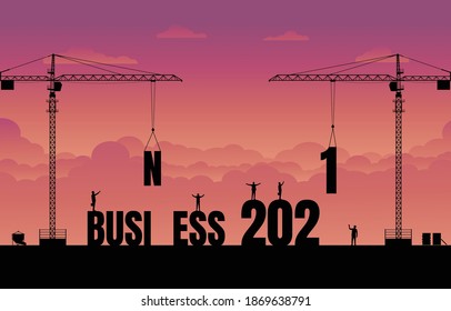 Business finance background. Construction site crane building a business text idea concept. Business in the new year 2021. Vector silhouette illustration design