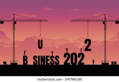 Business finance background. Construction site crane building a business text idea concept. Business in the new year 2022. Vector silhouette illustration design