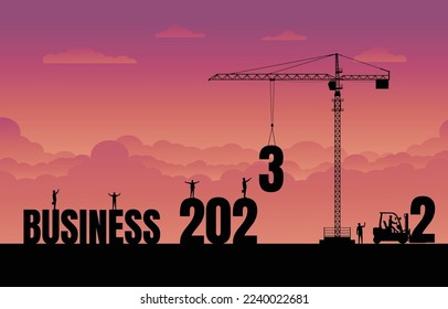 Business finance background. Construction site crane building a business success idea. growth concept. Business in the new year 2023. Vector silhouette illustration design