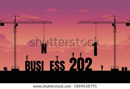 Business finance background. Construction site crane building a business text idea concept. Business in the new year 2021. Vector silhouette illustration design