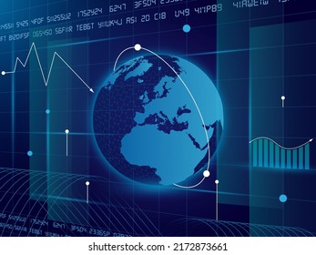 Business and finance background with globes featured and bluish tones as the primary color scheme.