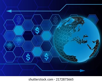 Business and finance background with globes featured and bluish tones as the primary color scheme.