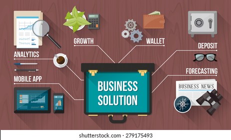 Business, finance and banking concepts with objects and open briefcase on a wooden desktop, top view