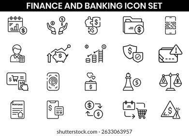 Business, finance and Banking  icons set. cash, saving, financial goal, profit, budget, earning money, Containing bank, deposit, investment, and banking service, Outline icons design