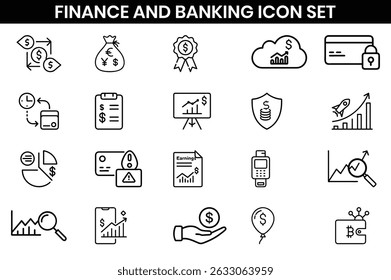 Business, finance and Banking  icons set. cash, saving, financial goal, profit, budget, earning money, Containing bank, deposit, investment, and banking service, Outline icons design