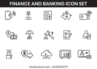 Business, finance and Banking  icons set. cash, saving, financial goal, profit, budget, earning money, Containing bank, deposit, investment, and banking service, Outline icons design