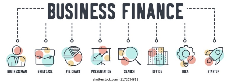 Business Finance banner web icon. businessman, briefcase, pie chart, presentation, search, office, idea, startup vector illustration concept.