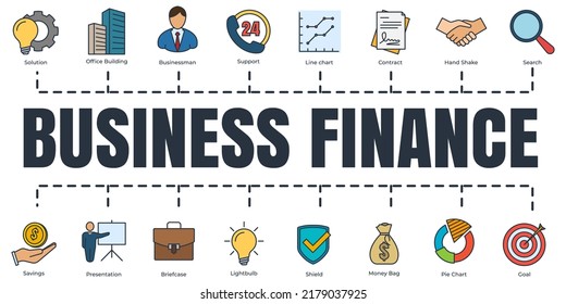 Business finance banner web icon set. businessman, briefcase, pie chart, presentation, search, etc vector illustration concept.