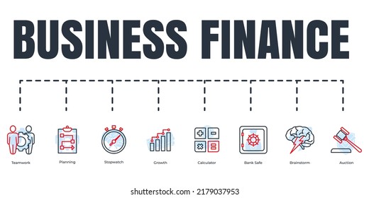 Business finance banner web icon set. brainstorm, growth, calculator, stopwatch, planning, auction, bank safe, teamwork vector illustration concept.