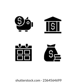 Business and finance black glyph icons set on white space. Regular payments. Corporate expenditures. Investment. Silhouette symbols. Solid pictogram pack. Vector isolated illustration