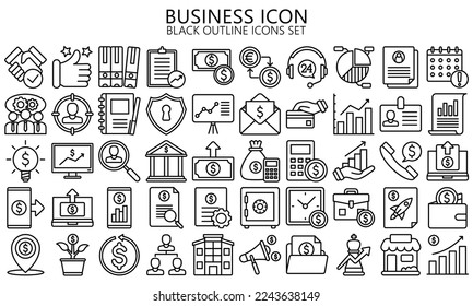 Business and finance black outline icon set. contain diagram, idea, money, marketing, strategy, and more. vector EPS 10 ready convert to SVG. use for modern concept, UI or UX kit and app svg