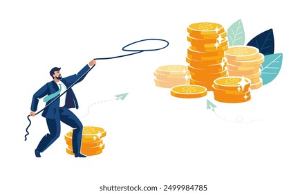 Business finance. Businessman holding a rope lasso and catching money, stack of gold coins. Earnings on a business project, return on investment, opportunity to earn money, people. Vector illustration