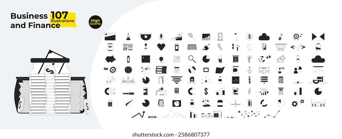 Business and finance cartoon outline illustrations mega bundle. Money management process 2D linear images isolated. Corporate assets analytics methods collection black and white vector drawings