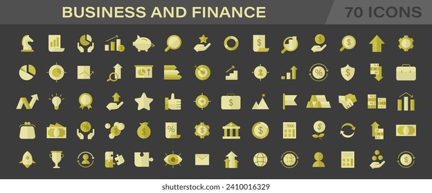 Business and finance color icons set. Corporate growth, market investment strategy. Profit analysis, global economy trends. Financial solutions, dynamic market analysis. Flat vector illustration.