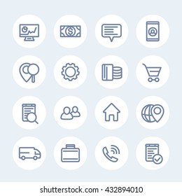 business, finance, commerce, shop, trade thick line icons set, linear business pictograms, vector illustration