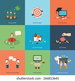business finance communication marketing and education colorful flat design concept icons set. template elements for web and mobile applications