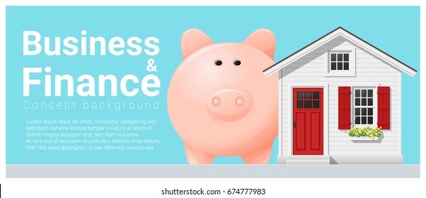 Business and Finance concept background with small house and piggy bank , vector , illustration