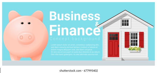 Business and Finance concept background with small house and piggy bank , vector , illustration