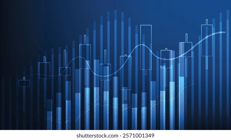 business and finance concept. bar graph and candlestick chart with lines on blue background