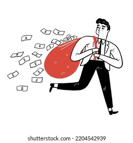 Business finance concept: The businessman is carrying a big bag that a lot of falling to overflows moneys. Vector illustration hand drawn doodle style.