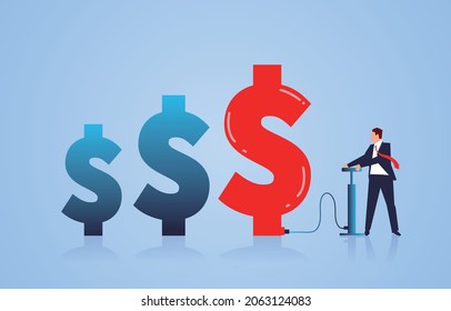 Business finance concept, businessman uses an inflatable pump to inflate the dollar sign, business growth, inflation.