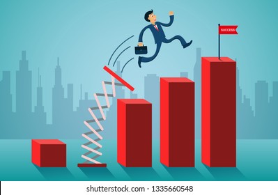 Business Finance Concept. Businessmen Jumping From Springboard Go To Flag Red On Bar Graph. Creative Idea. Illustration Cartoon Vector