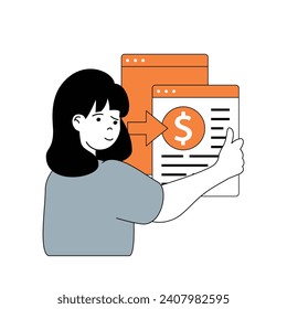 Business and finance concept with cartoon people in flat design for web. Woman getting invoice, making transaction and accounting. Vector illustration for social media banner, marketing material.