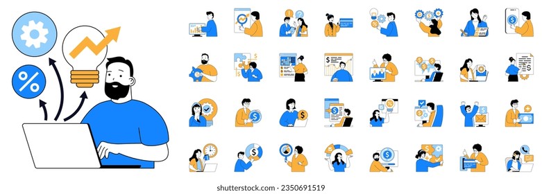 Business and finance concept with character situations mega set. Bundle of scenes people analyzing data, discussing strategy, get financial growth and other. Vector illustrations in flat web design