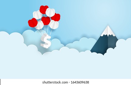 Business and finance concept. Dollar currency sign hanging with balloon on blue sky. paper art style. vector. illustration.