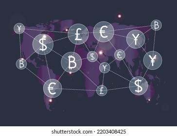 Business And Finance. Concept Global Financial System. Communications Of Economies Around The World, Major World Currencies. The Scheme Of The Relationship Of Money On The Background Of The World Map