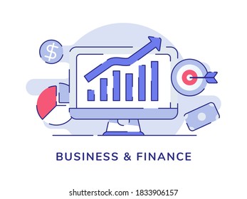 Business finance concept growth bar chart on display computer screen white isolated background with flat outline style