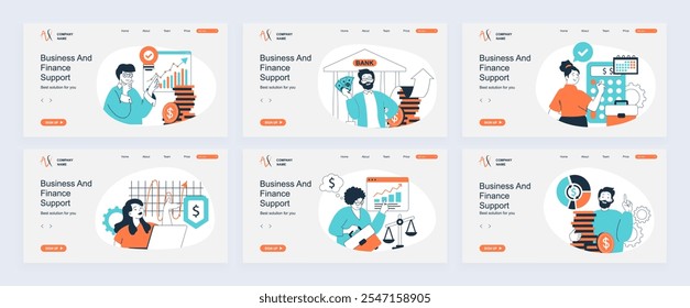 Conceito comercial e financeiro da página inicial com modelos de slide definidos em design plano. Cabeçalhos de site com pessoas fazendo brainstorming, fazer análise de dados, contabilidade, gerenciar processos. Ilustrações vetoriais.