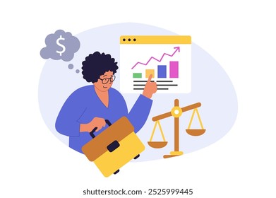 Business and finance concept in modern flat design for web. Businesswoman with briefcase analyzing financial graph with company statistic, making investments, developing project. Vector illustration.