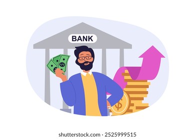 Business and finance concept in modern flat design for web. Businessman getting financial investments for his startup project in bank, creating strategy with income increase. Vector illustration.