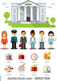 Business finance concept. Set of business bank infographic elements - people, icons and bank building in flat style