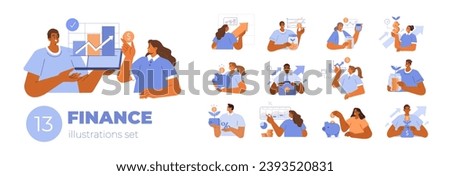 Business and finance concept set. Collection of characters making capital investment, savings, profit, trading on stock market and analyzing money. Flat vector illustration isolated   