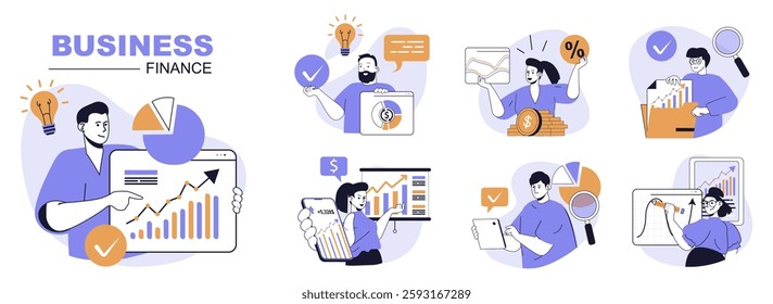 Business and finance concept set in flat web design. People in isolated scenes making financial analysis, planning income growth strategy, brainstorming and project improvement. Vector illustrations.