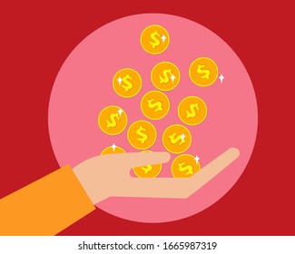 Business or Finance concept: There are many coins on hand in cartoon style for your design.