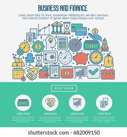 Business and finance concept with thin line icons related to financial strategy, planning, human thinking and start up. Vector illustration for banner, web page, print media.