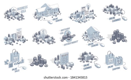 Business and finance concepts 3D vector illustrations set isolated on white background, money theme conceptual design collection, savings, bank, contract, income, safety, online.