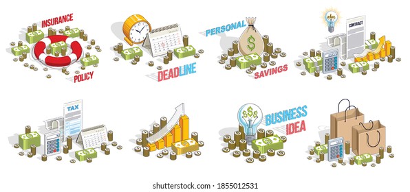 Business and finance concepts 3D vector illustrations set isolated on white background, money theme conceptual design collection, savings, bank, contract, income, safety, online.