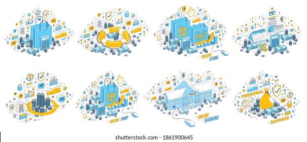 Business and finance concepts 3D vector illustrations set isolated on white background, money theme conceptual design collection, savings, bank, contract, income, safety, online.